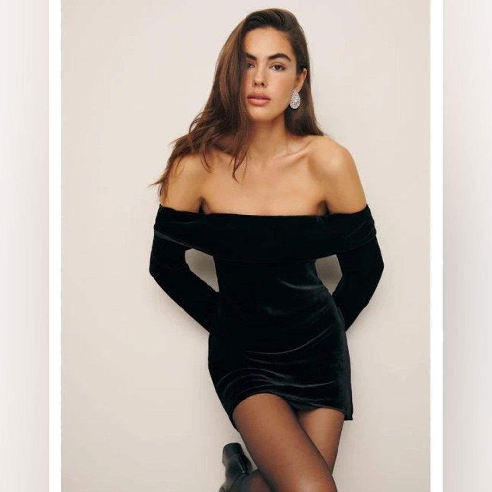 Reformation off the shoulder black velvet dress